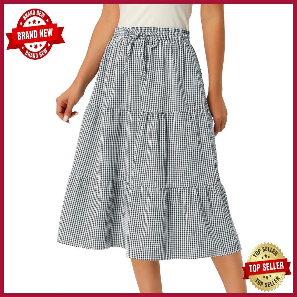 Summer Tiered Midi Skirt with Pockets Drawstring Waist A-Line